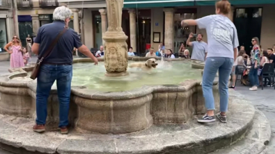 Illustration : Une chienne profite de l'inattention de son adoptante pour piquer une tête dans une fontaine publique, sous le regard amusé des passants (vidéo)