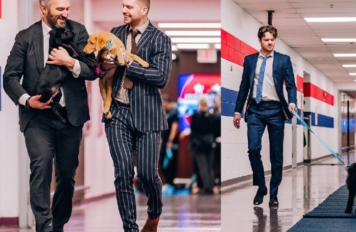Des chiots de refuge dans les bras de hockeyeurs pro à leur entrée sur la patinoire pour encourager l'adoption